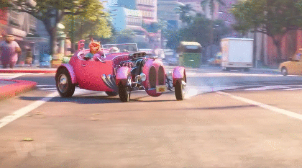 Judy trong trailer lái một chiếc xe màu hồng