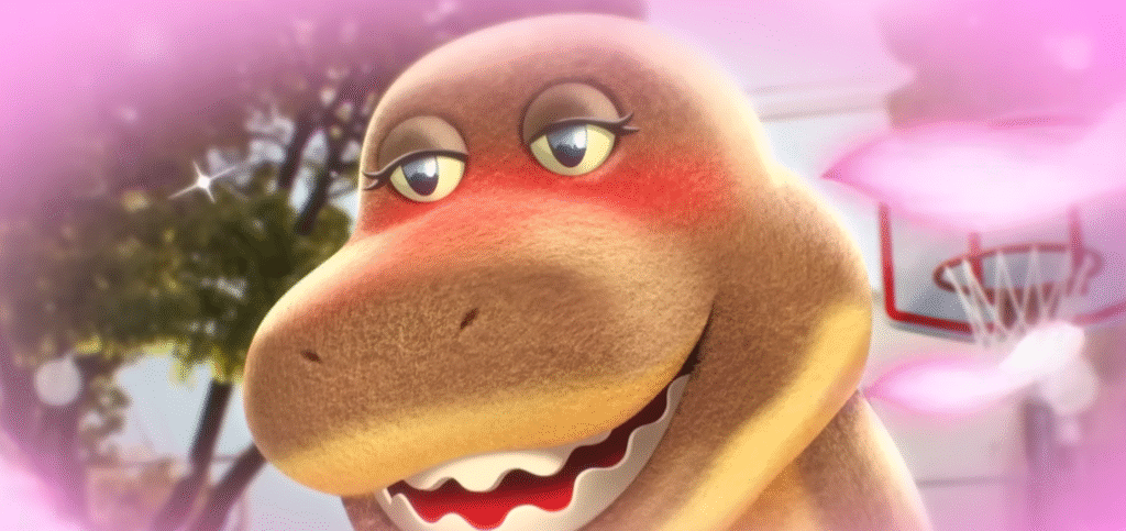 Tina xuất hiện với hình dáng gợi nhớ Barney The Dinosaur.