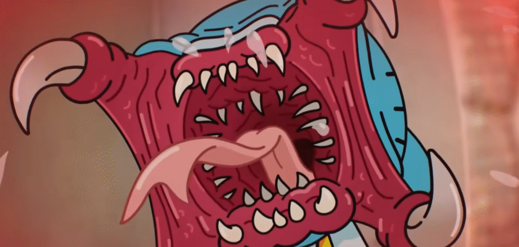 Nicole gào thét há miệng như Predator.