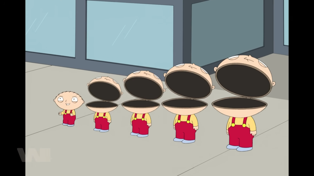 Cao trào là cảnh Stewie tự biến thành… búp bê Matrioska. Từng lớp một tách ra, để rồi con bé nhất chạy thoát.