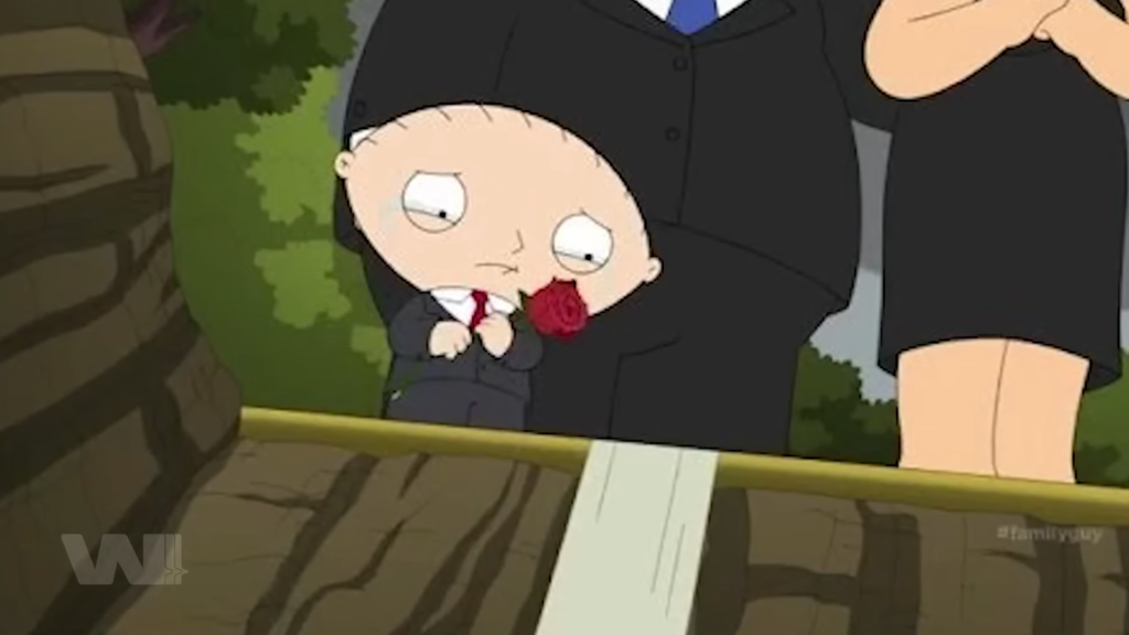 Cuối cùng, Stewie đến mộ Brian, nhưng tên bị ghi sai thành Brain.