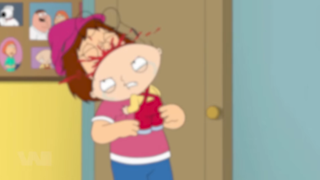 Stewie đấm Meg, bóp cổ Meg, rồi ném xác cô ra ngoài cửa sổ.