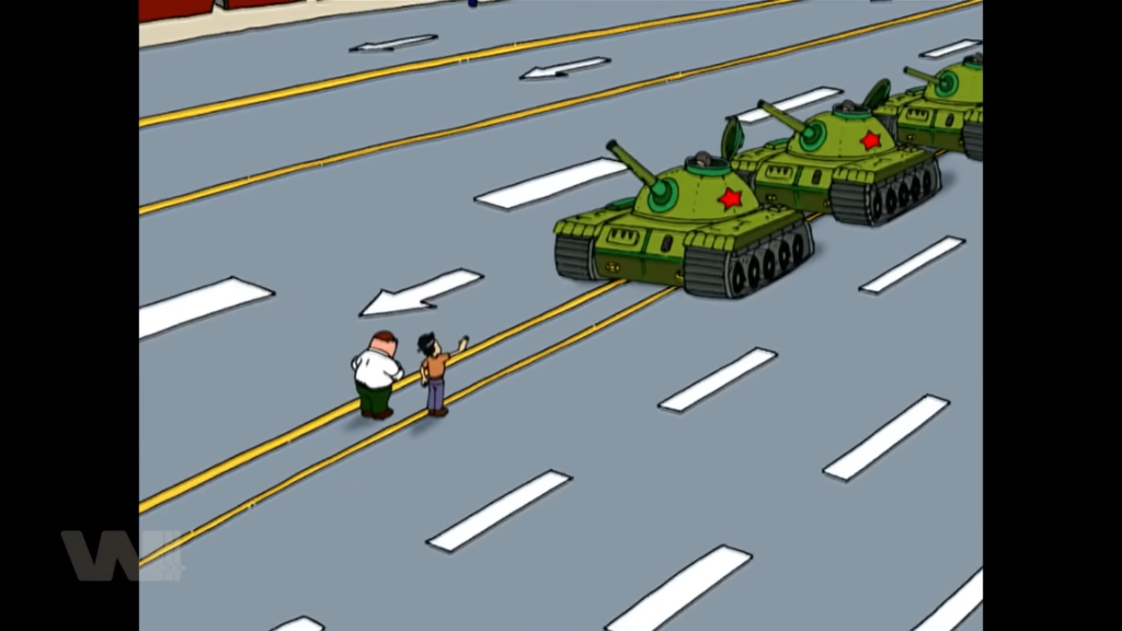 Peter Griffin và Thiên An Môn — một trong những cảnh cutaway gag thâm nhất Family Guy từng làm.